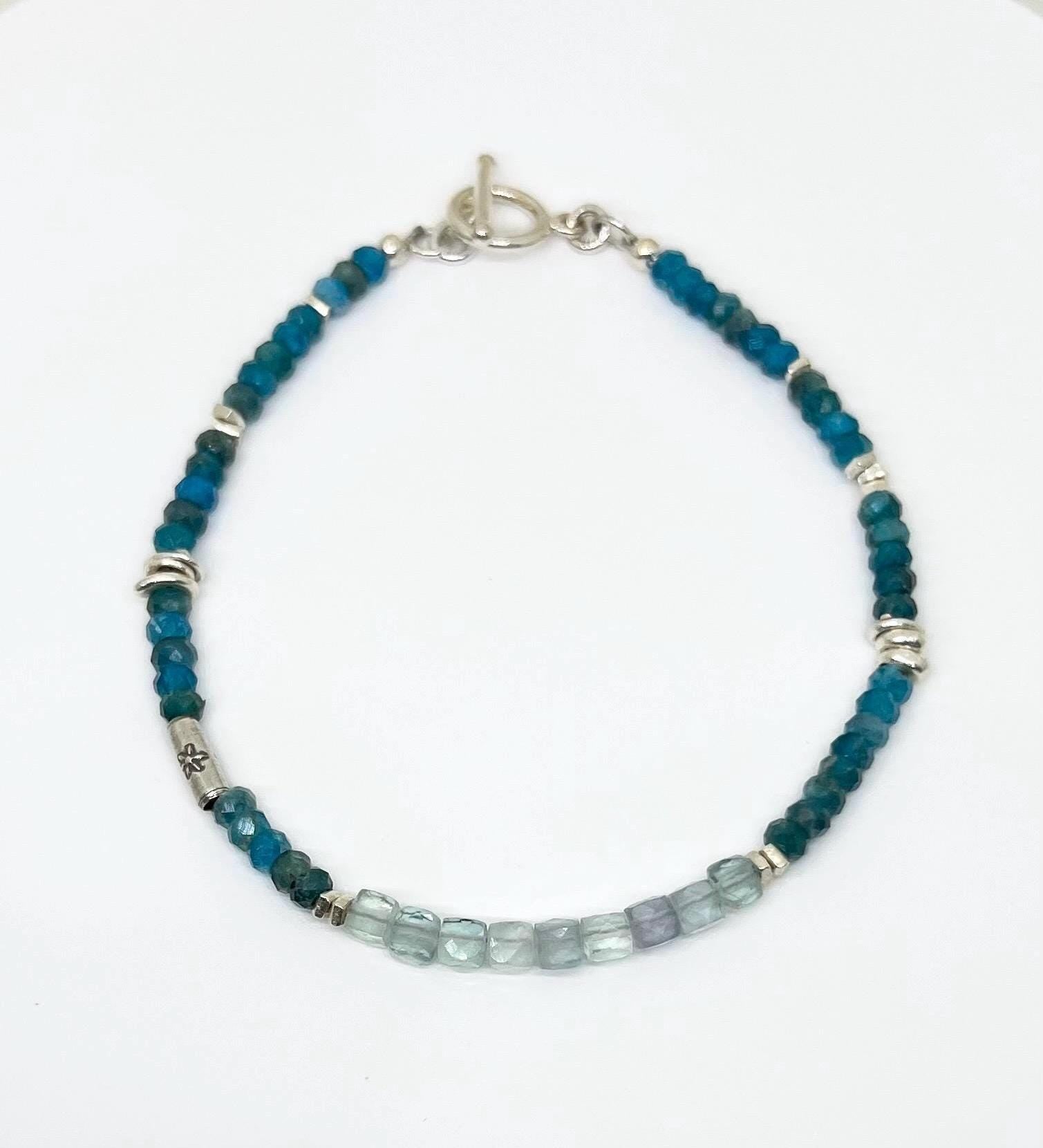 Blue Beaded Gemstone Handmade Bracelet, Sterling Silver, Apatite, Rainbow Fluorite, Jewelry