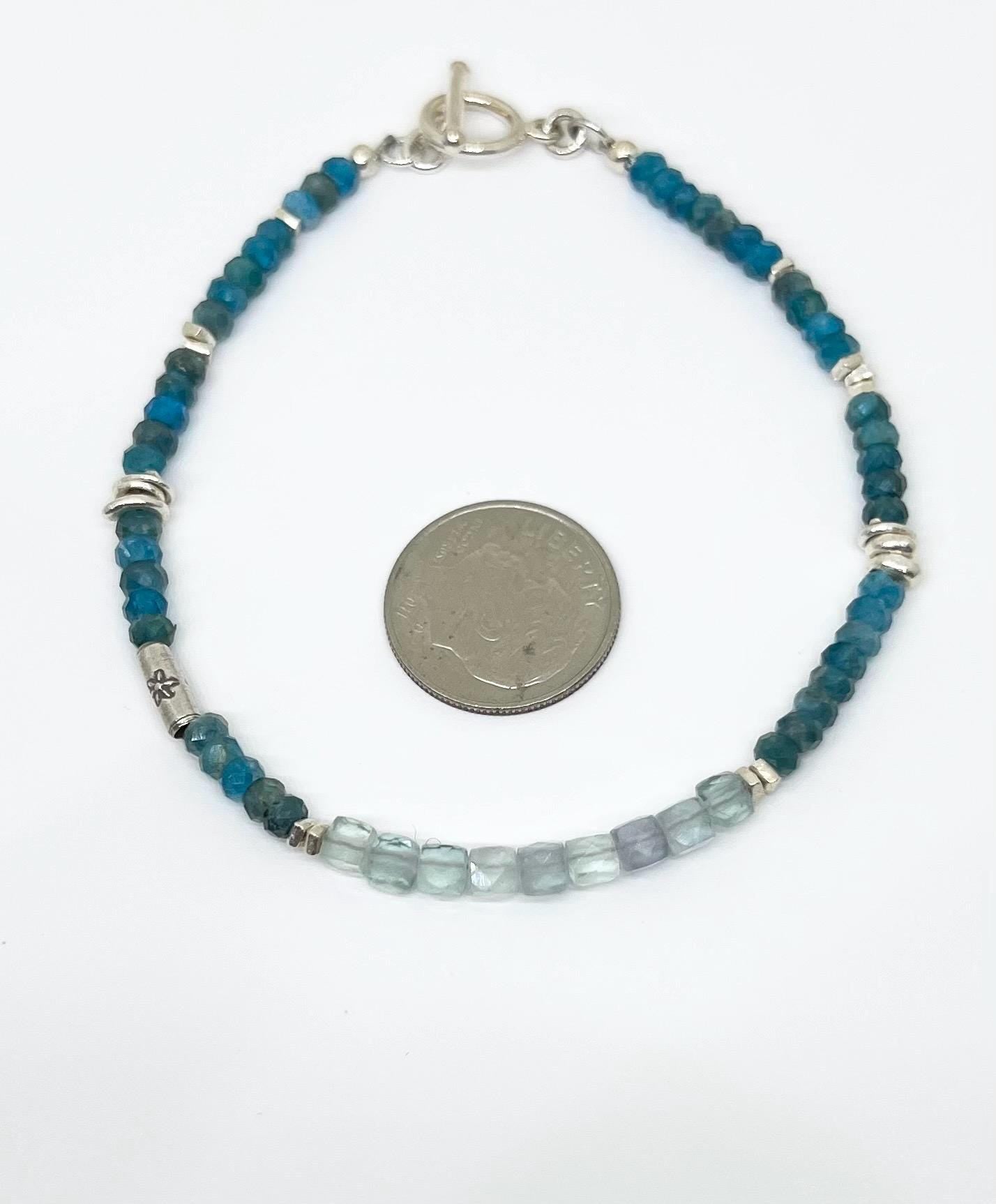 Blue Beaded Gemstone Handmade Bracelet, Sterling Silver, Apatite, Rainbow Fluorite, Jewelry