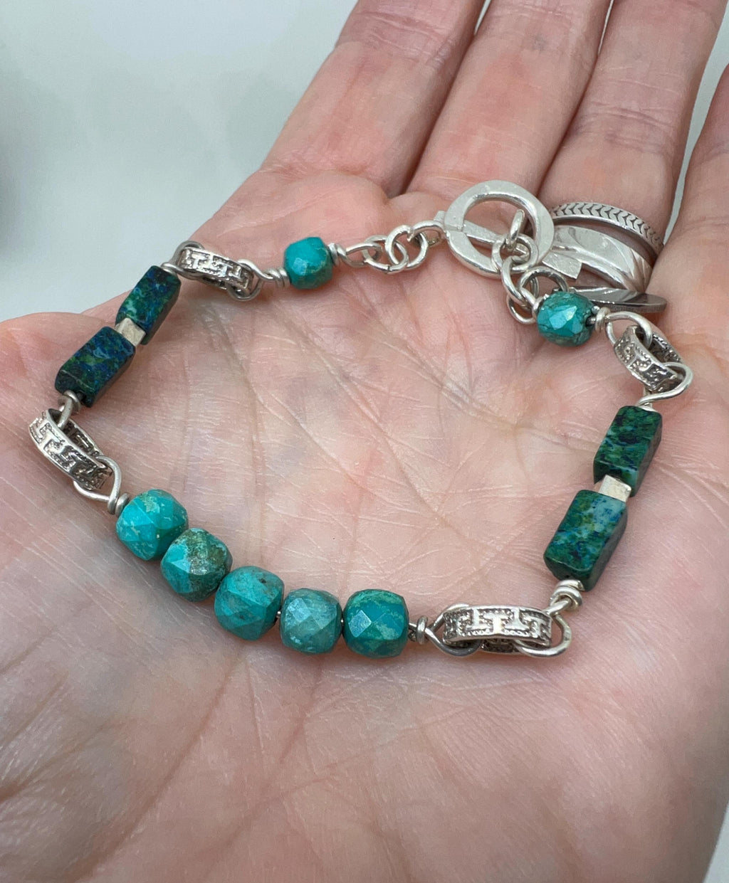 Turquoise Sterling Bracelet Handmade Vintage, Greek Key, Jewelry, Gemstone, Chrysocolla, Gree, Blue