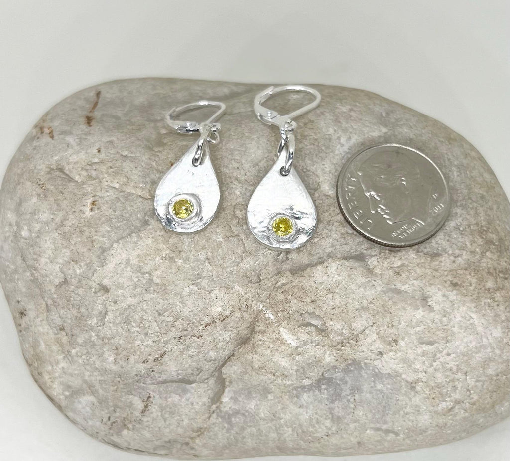 Yellow Gemstone Handmade Earrings Silver Dangle, Lemon Quartz CZ, Sterling, Teardrop