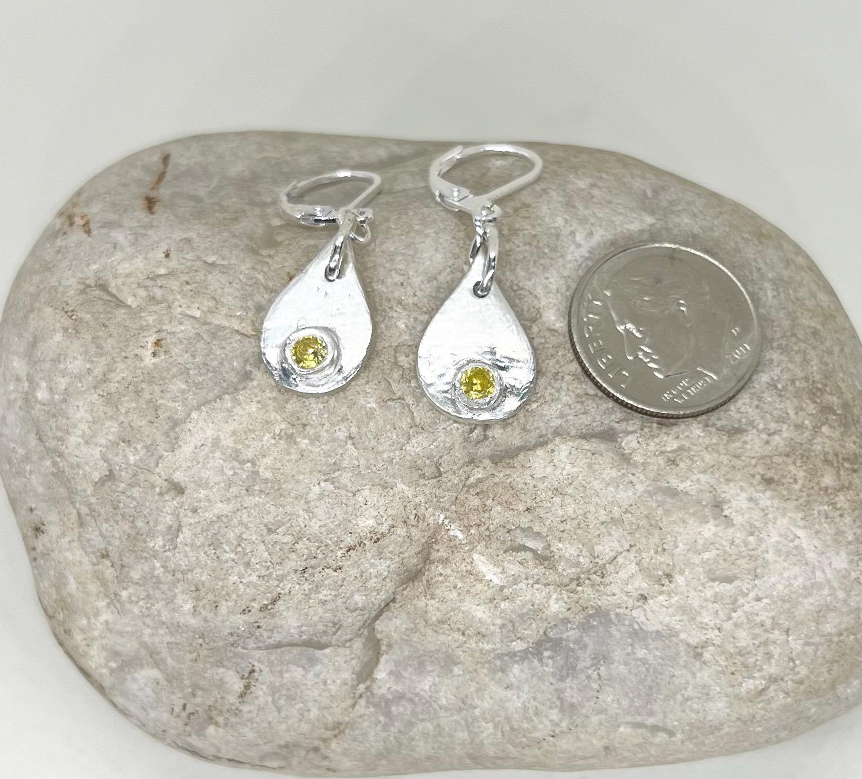 Yellow Gemstone Handmade Earrings Silver Dangle, Lemon Quartz CZ, Sterling, Teardrop