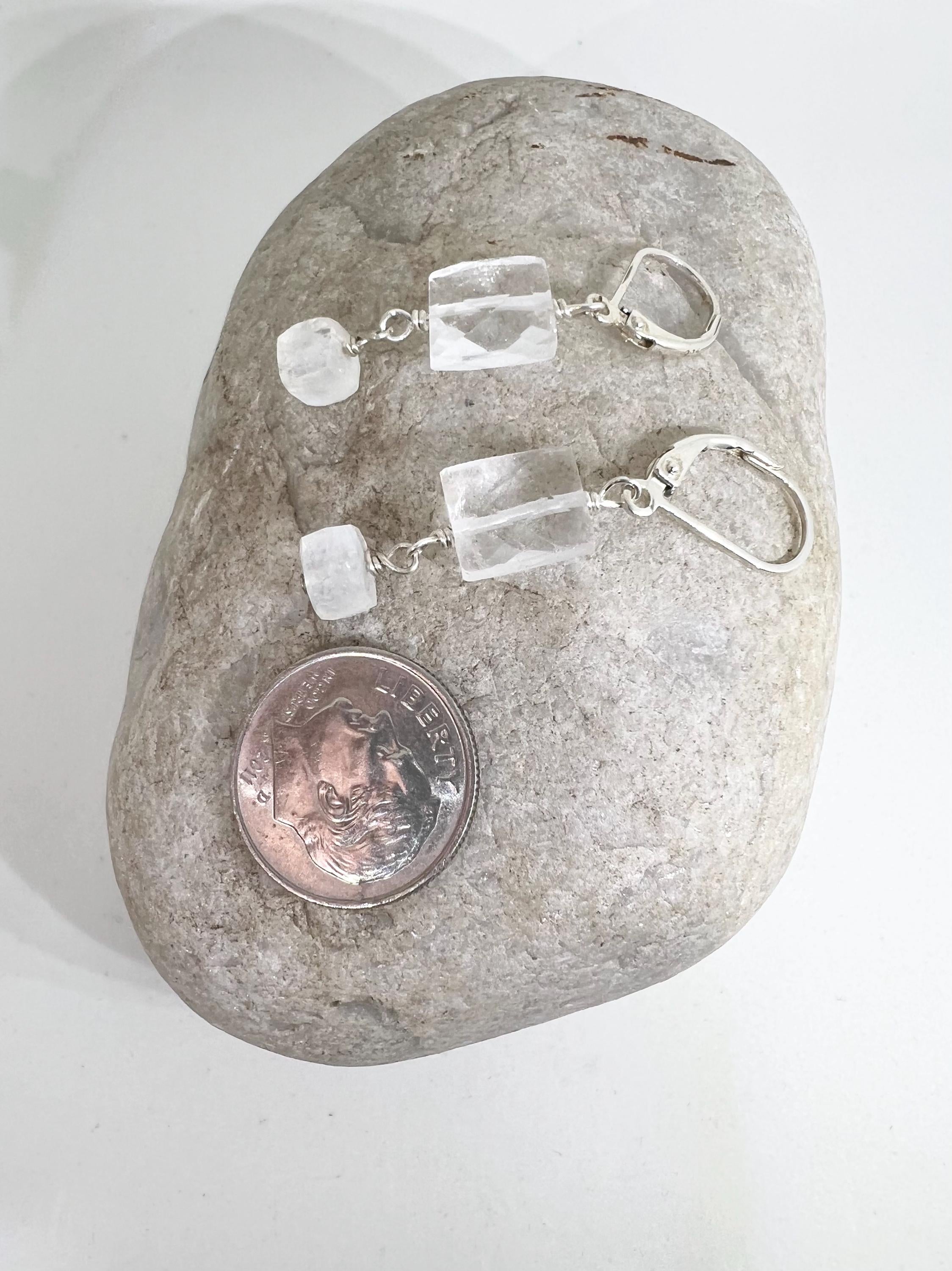 Dangle Earrings Gemstone Clear Quartz, Moonstone, Sterling Silver, Translucent, Handmade, Drop, Jewelry