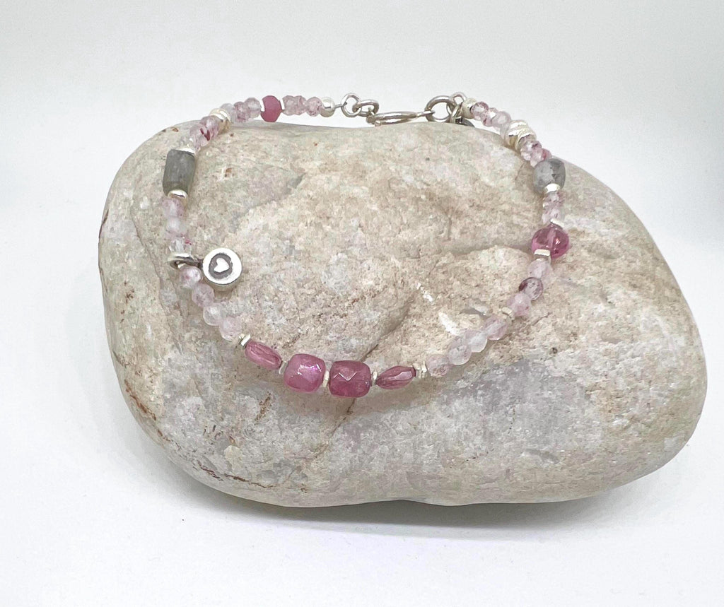 Pink Gemstone Handmade Beaded Bracelet, Jewelry, Sterling Silver, Tennis, Tourmaline, Strawberry Quartz