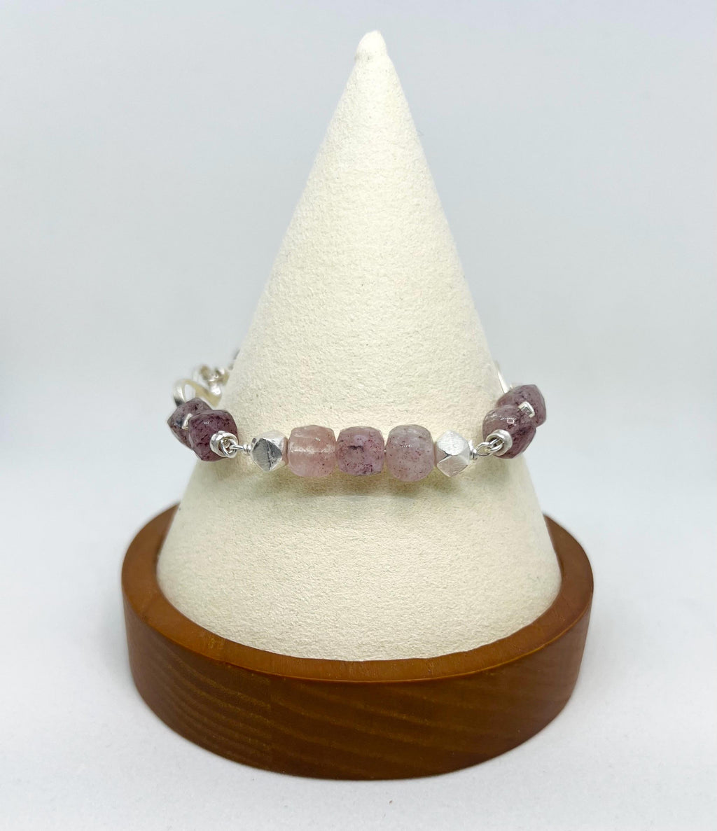 Handmade Bracelet Strawberry Quartz Sterling Silver, Infinity, Pink Gemstone, Natural Stone, Beaded