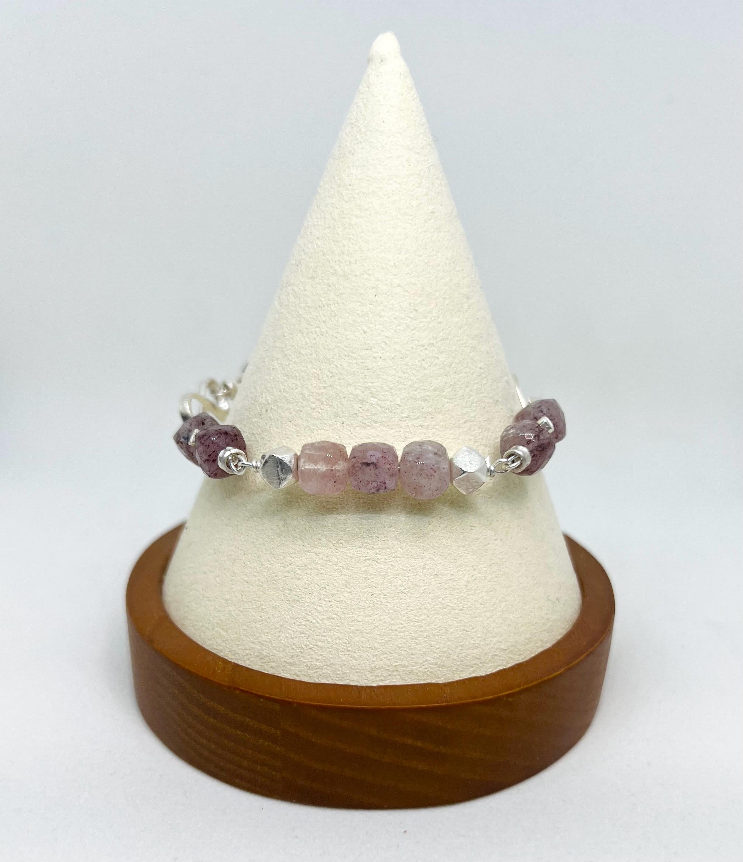 Handmade Bracelet Strawberry Quartz Sterling Silver, Infinity, Pink Gemstone, Natural Stone, Beaded