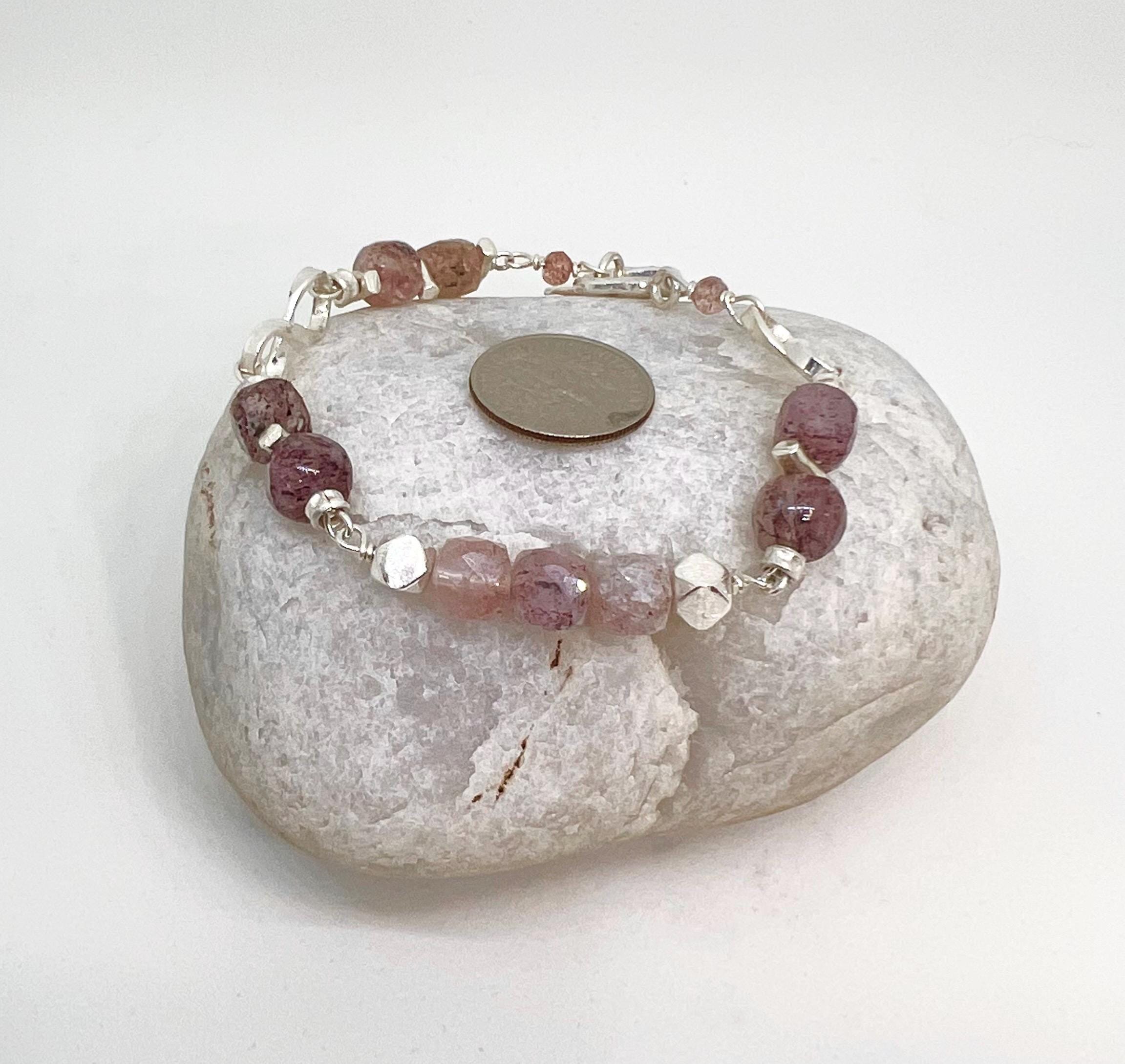 Handmade Bracelet Strawberry Quartz Sterling Silver, Infinity, Pink Gemstone, Natural Stone, Beaded