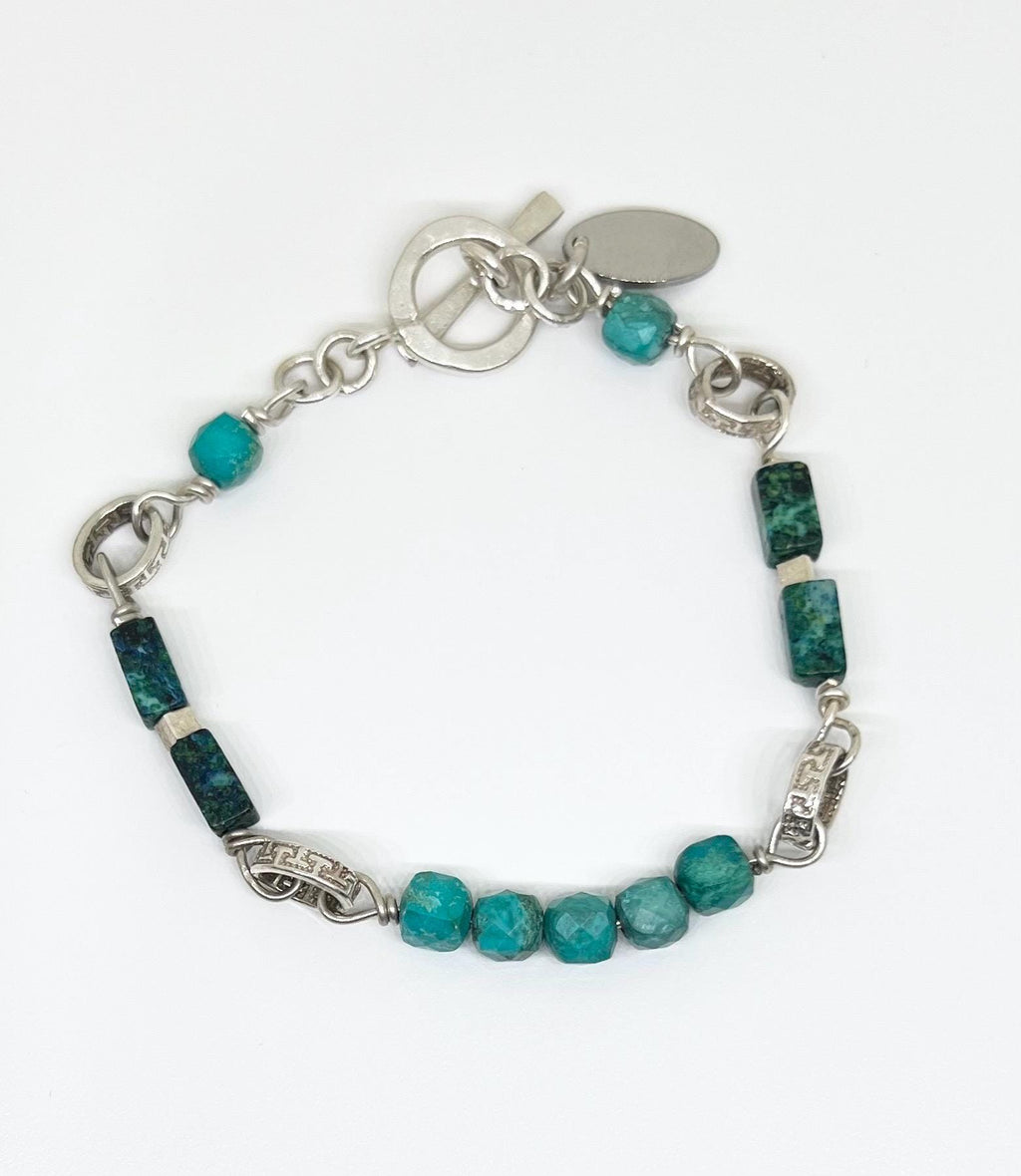 Turquoise Sterling Bracelet Handmade Vintage, Greek Key, Jewelry, Gemstone, Chrysocolla, Gree, Blue