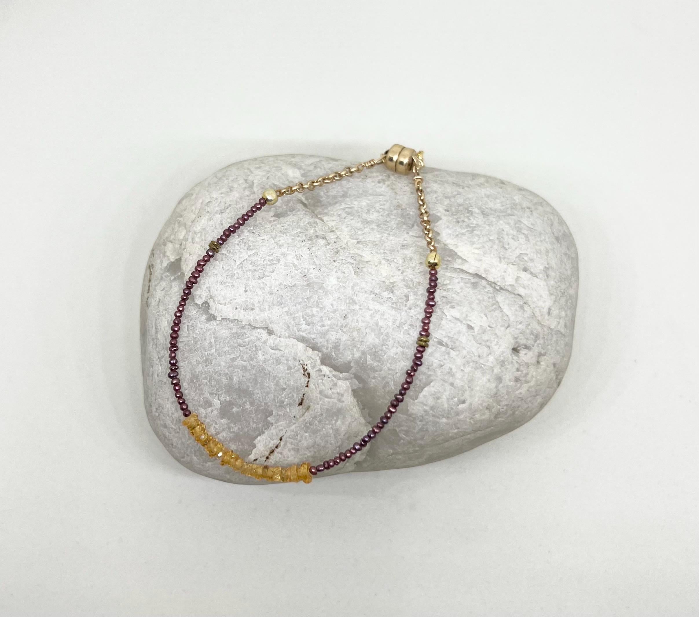 Golden Gemstone Beaded Bracelet, Vermeil, Red Pearl, Natural Stone, Garnet, Gold