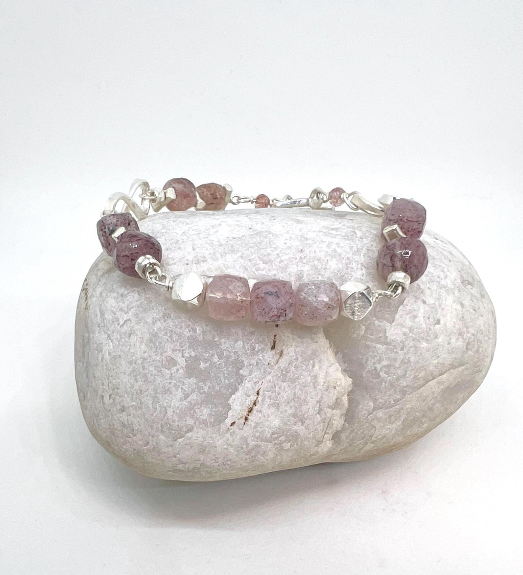 Handmade Bracelet Strawberry Quartz Sterling Silver, Infinity, Pink Gemstone, Natural Stone, Beaded