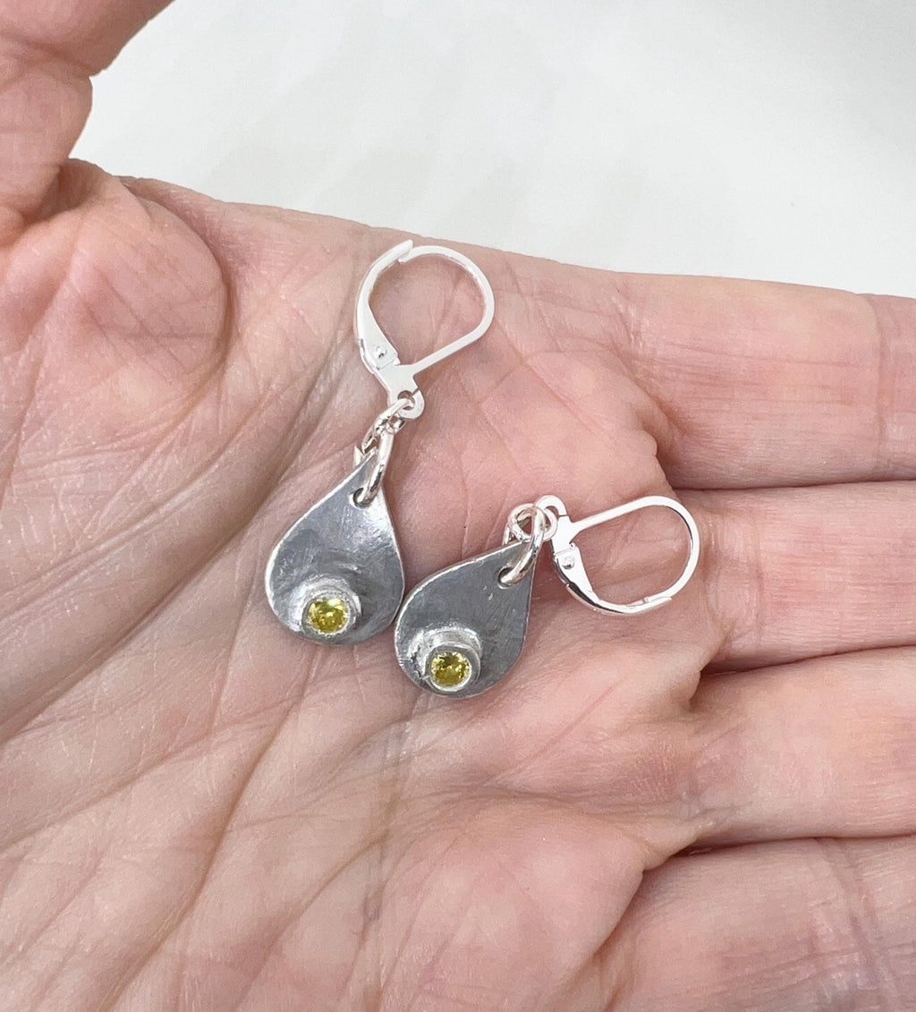 Yellow Gemstone Handmade Earrings Silver Dangle, Lemon Quartz CZ, Sterling, Teardrop