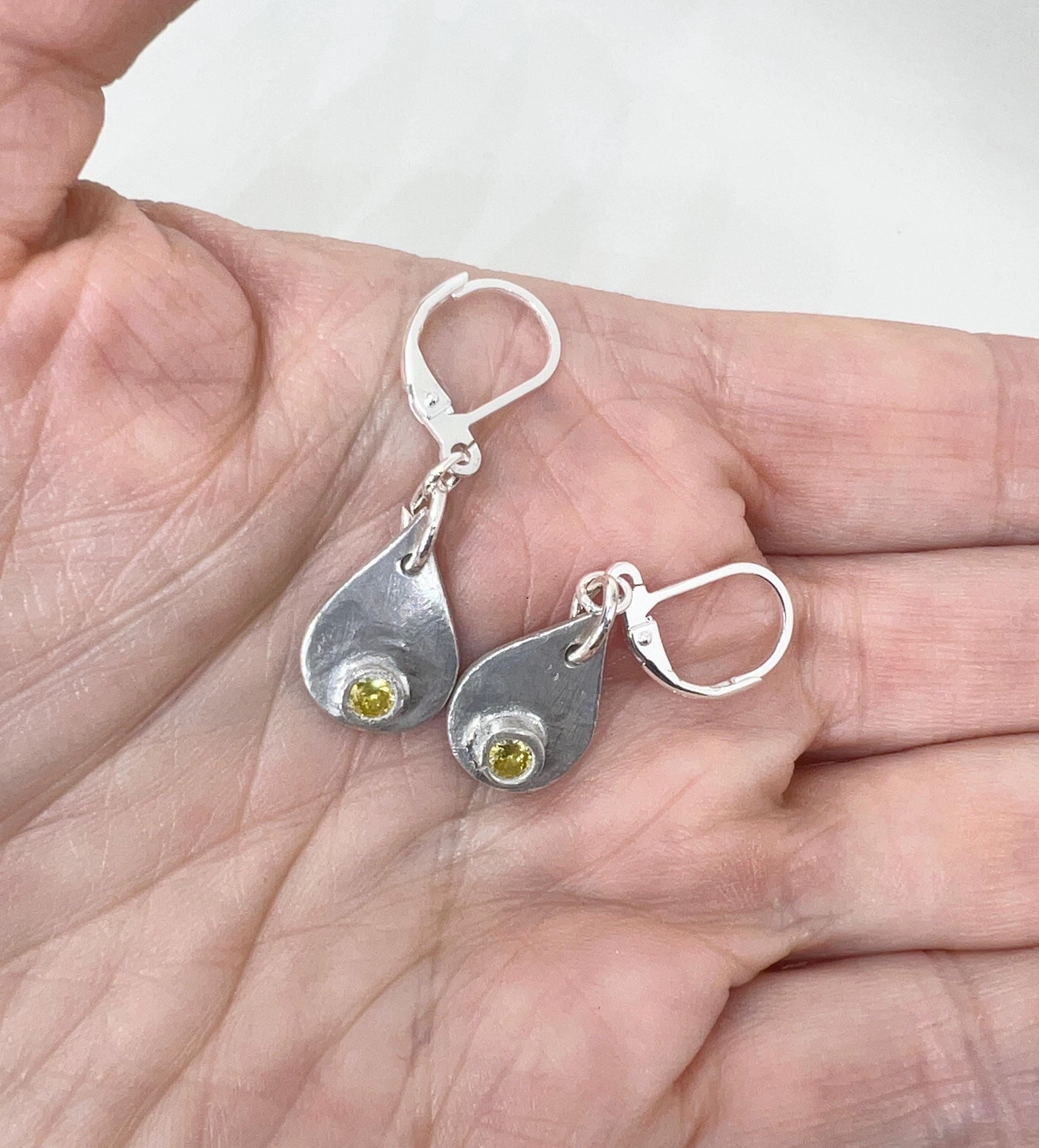 Yellow Gemstone Handmade Earrings Silver Dangle, Lemon Quartz CZ, Sterling, Teardrop