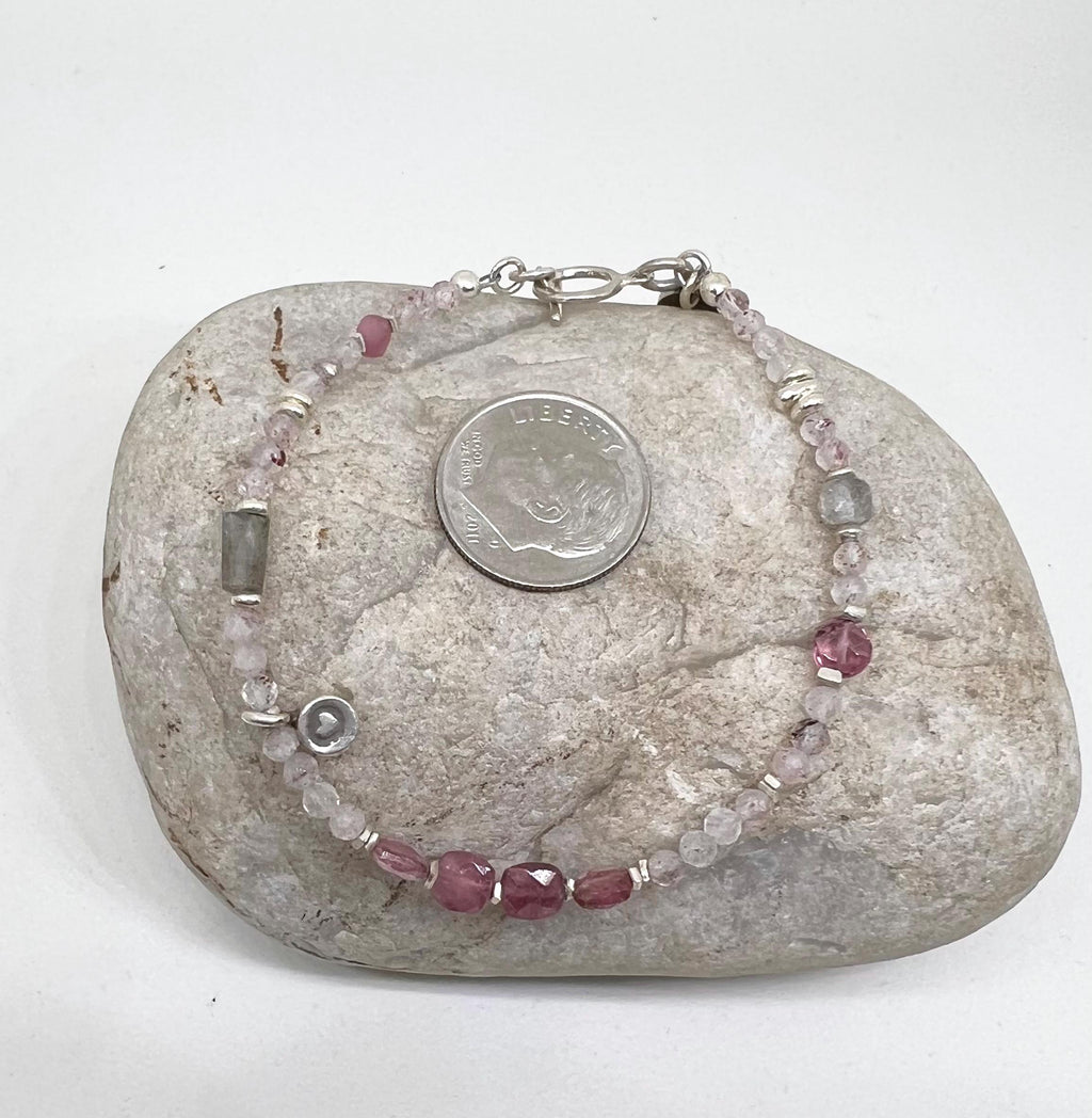 Pink Gemstone Handmade Beaded Bracelet, Jewelry, Sterling Silver, Tennis, Tourmaline, Strawberry Quartz