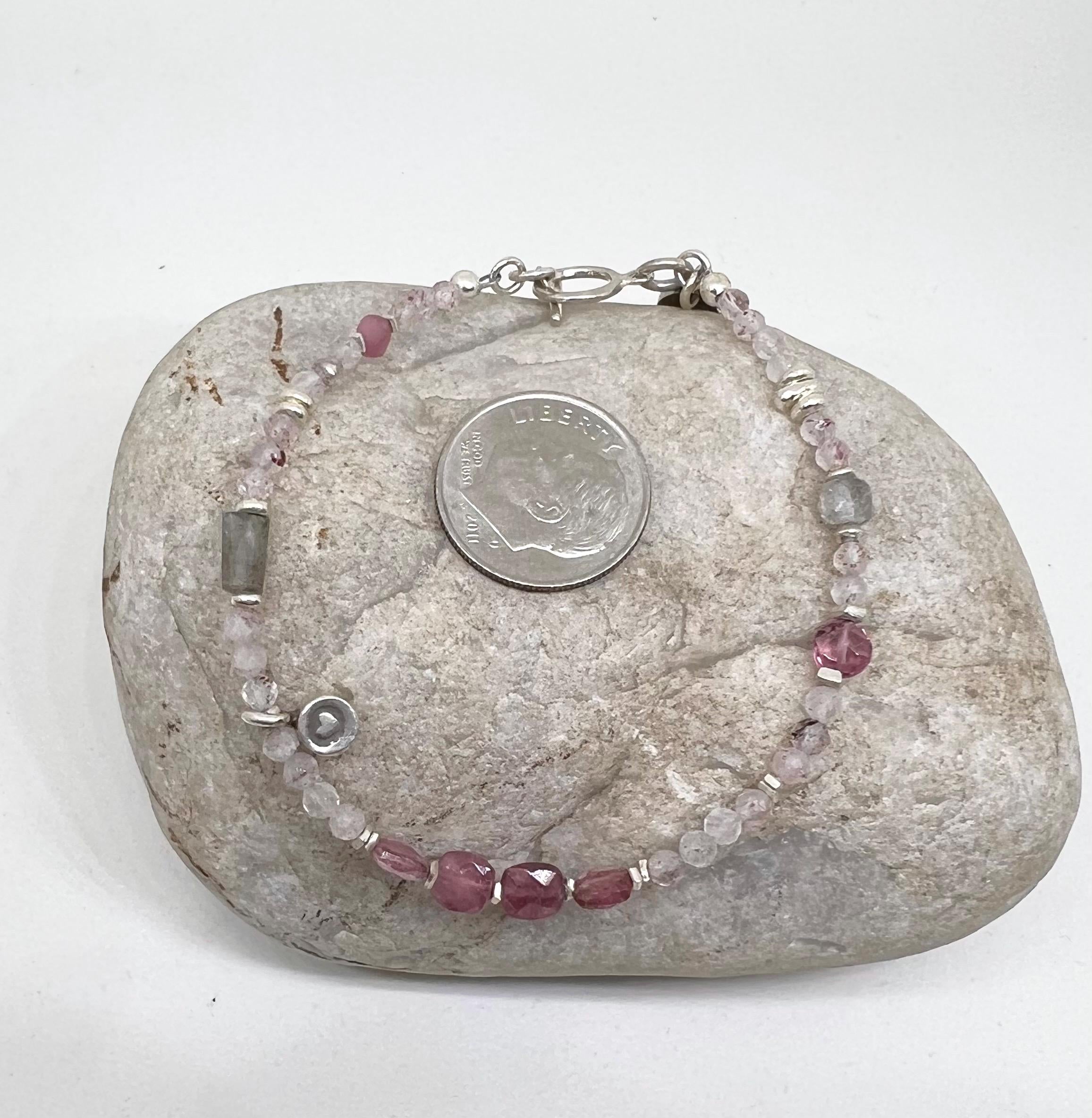 Pink Gemstone Handmade Beaded Bracelet, Jewelry, Sterling Silver, Tennis, Tourmaline, Strawberry Quartz