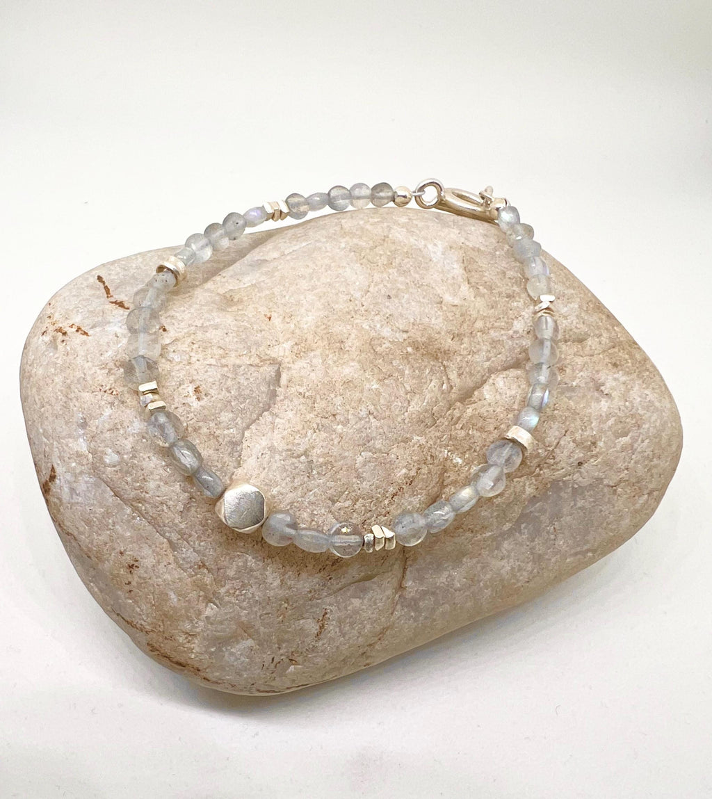 Blue Flash Gemstone Bracelet Handmade Beaded Sterling Silver, Silver, Jewelry, Labradorite