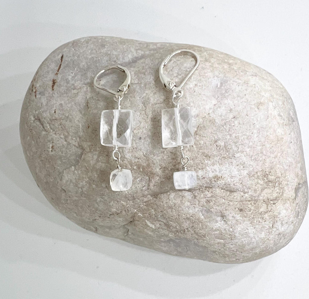 Dangle Earrings Gemstone Clear Quartz, Moonstone, Sterling Silver, Translucent, Handmade, Drop, Jewelry