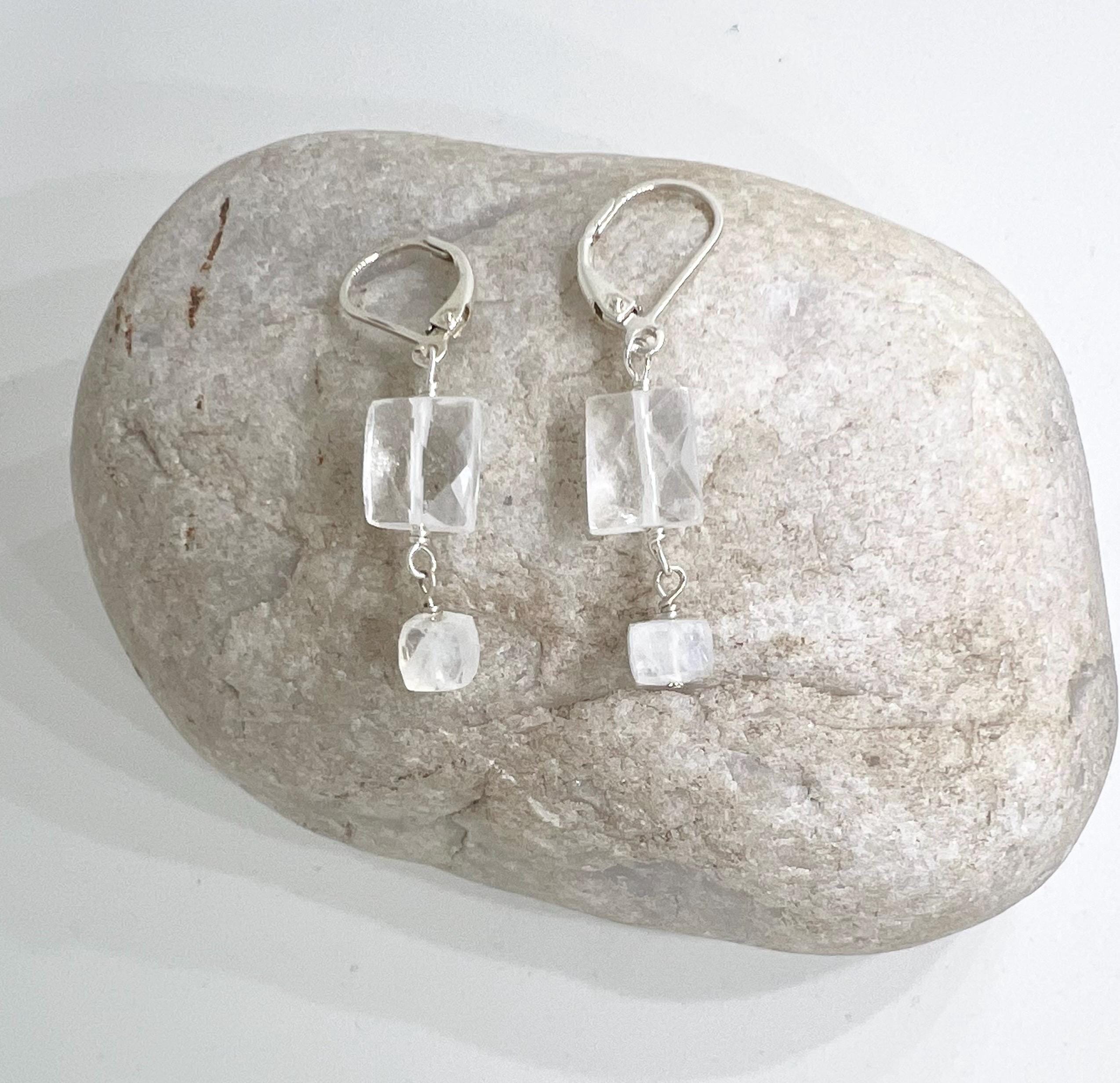 Dangle Earrings Gemstone Clear Quartz, Moonstone, Sterling Silver, Translucent, Handmade, Drop, Jewelry