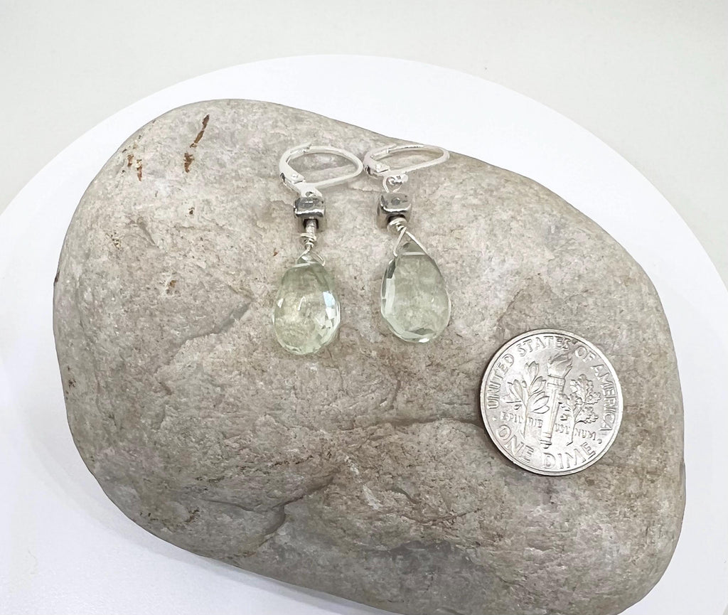 Pale Green Gemstone Silver Dangle Earrings, Green Amethyst, Prasiolite, Handmade, Teardrop Shape