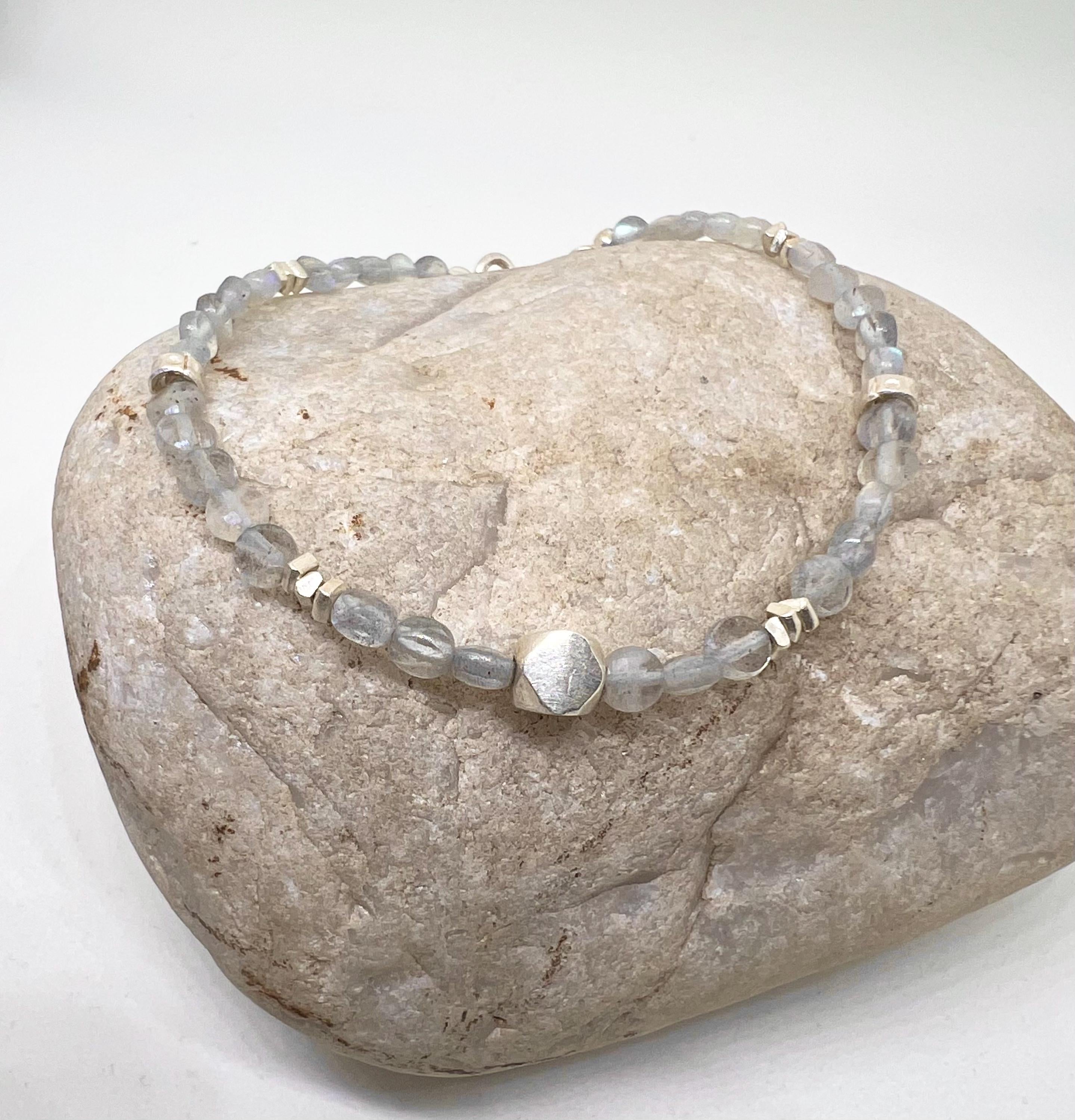 Blue Flash Gemstone Bracelet Handmade Beaded Sterling Silver, Silver, Jewelry, Labradorite