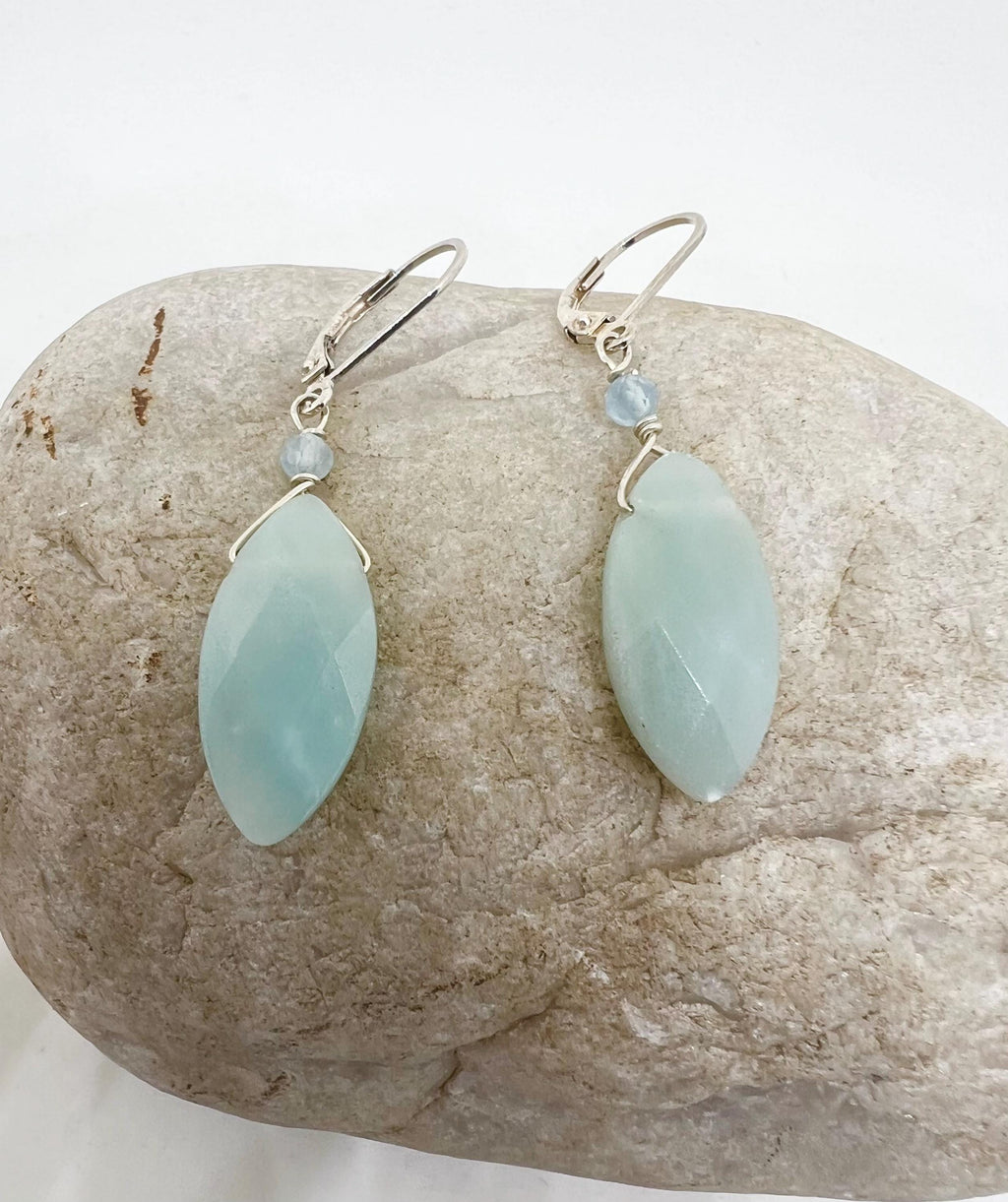 Sea Green Handmade Gemstone Silver Dangle Earrings, Sterling, Drop, Amazonite, Aquamarine