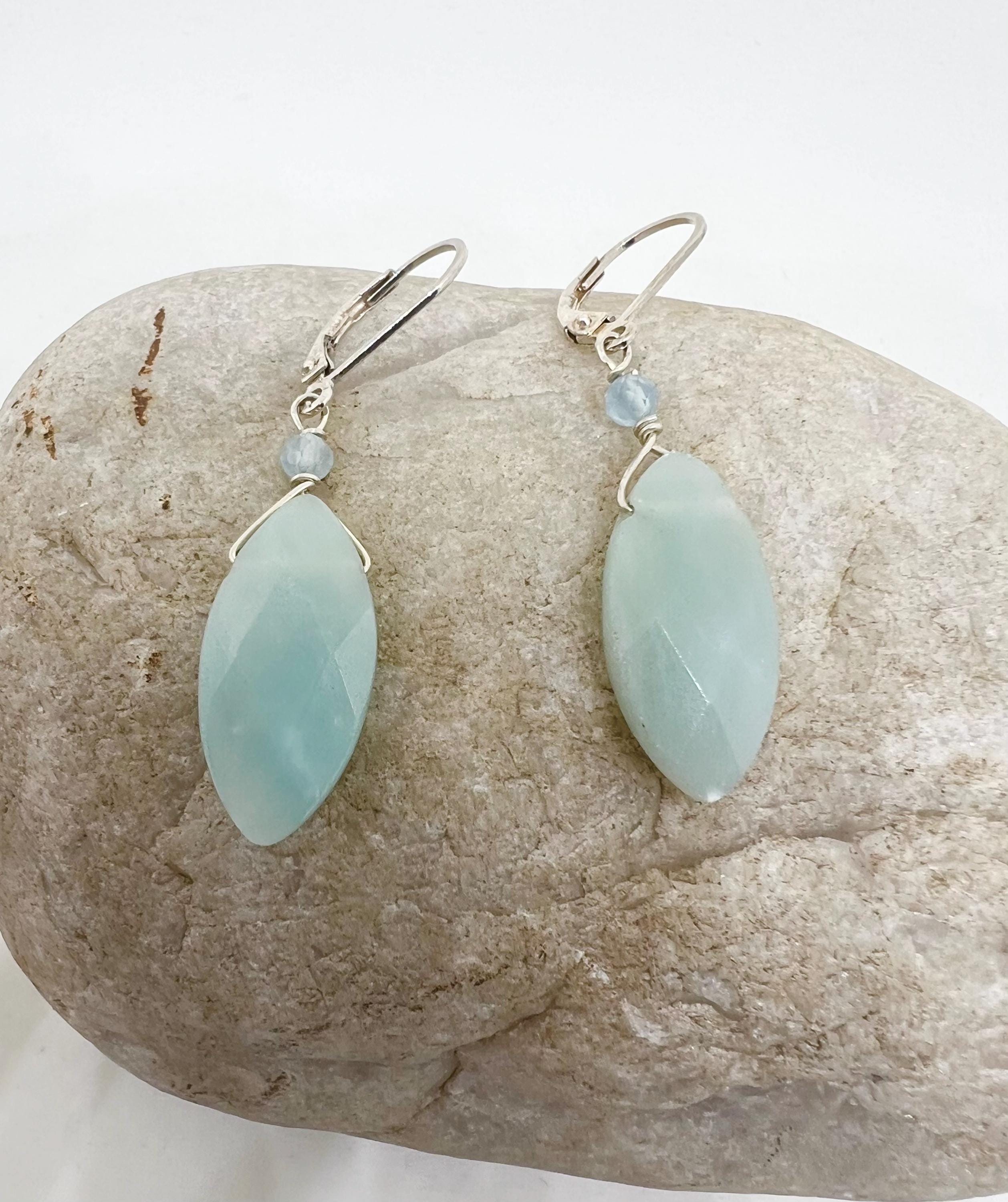 Sea Green Handmade Gemstone Silver Dangle Earrings, Sterling, Drop, Amazonite, Aquamarine