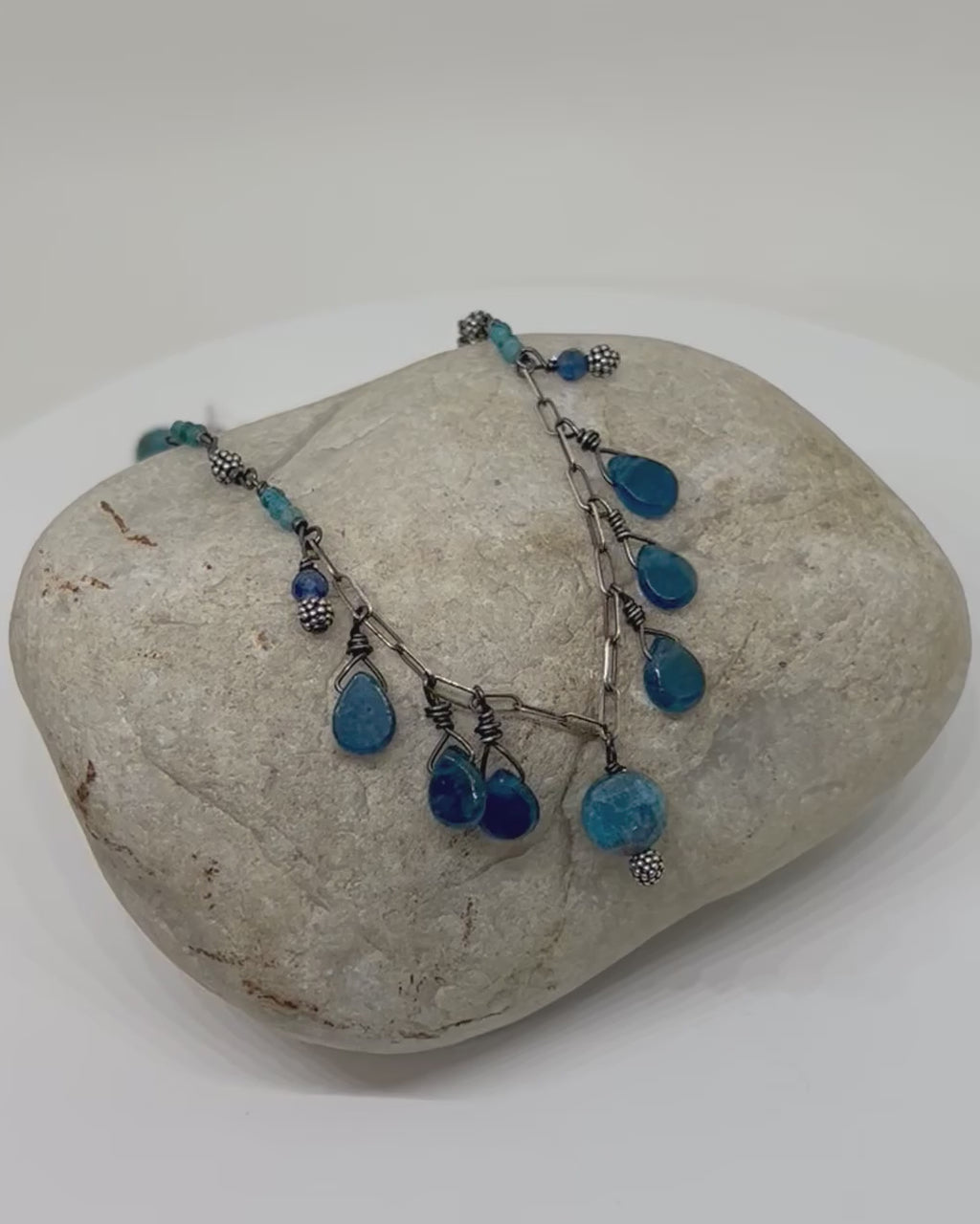 Handmade Blue Gemstone Necklace, Apatite Necklace, Beaded Natural Stone Necklace, Pendant Necklace, Sterling Silver Necklace