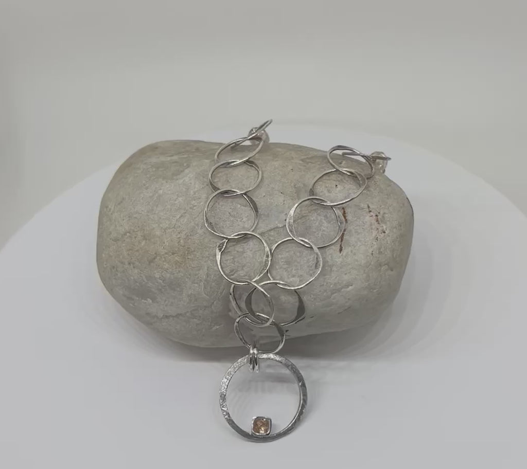 Handmade Multi Hoop Pendant Necklace, Sterling Silver Handmade Necklace, Citrine CZ Pendant Necklace