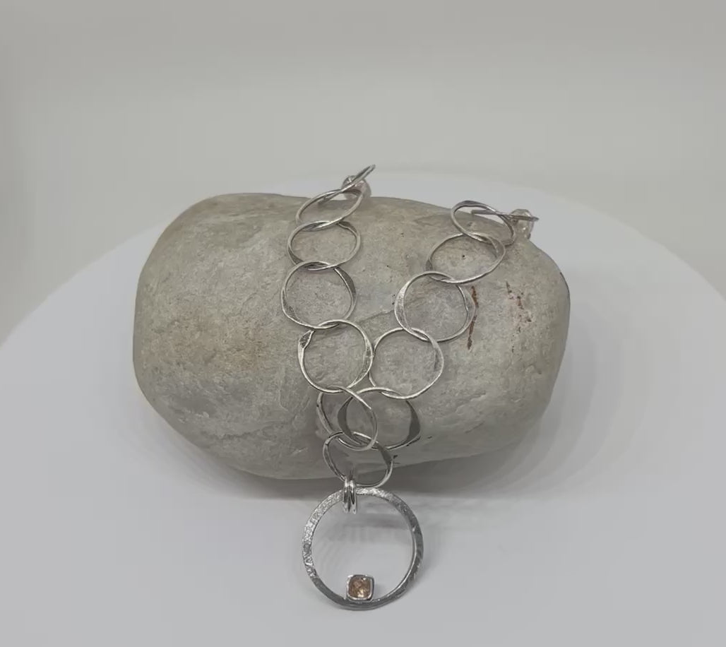 Handmade Multi Hoop Pendant Necklace, Sterling Silver Handmade Necklace, Citrine CZ Pendant Necklace