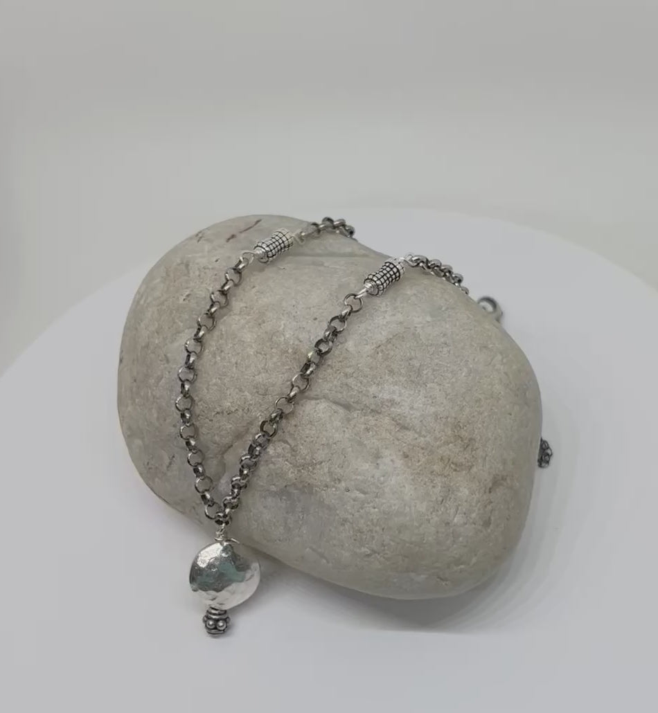 Handmade Sterling Silver Pendant Necklace, Hammered Sterling Silver Beaded Necklace