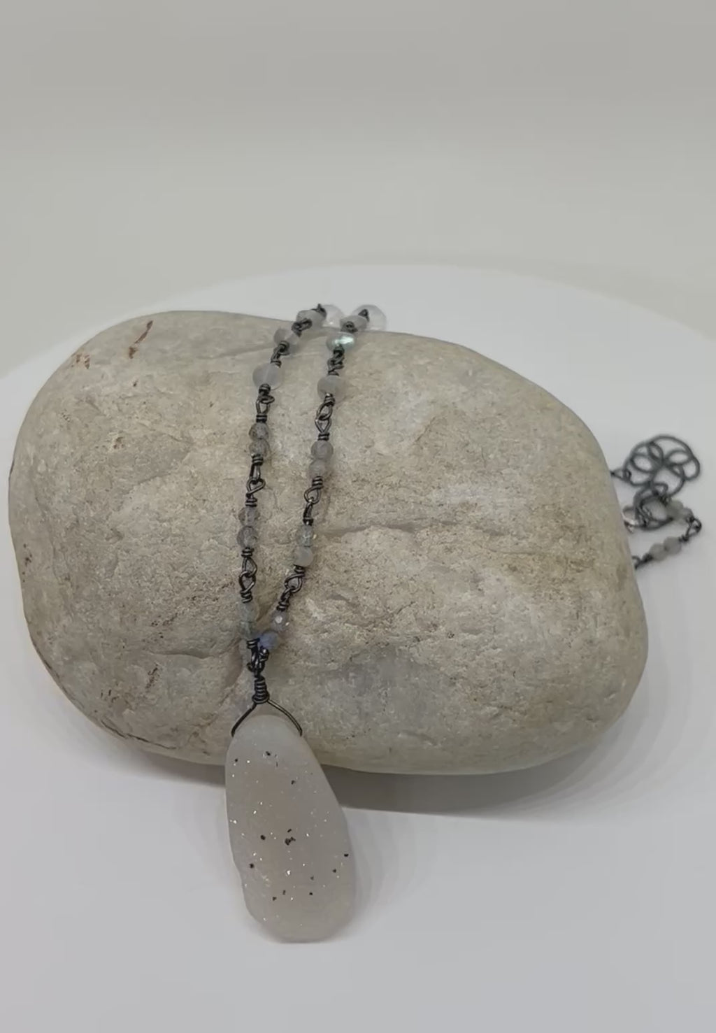 Handmade Pale Pink Gemstone Necklace, Drusy Chalcedony Necklace, Beaded Gemstone Necklace, Sterling Silver Rosary Chain Necklace