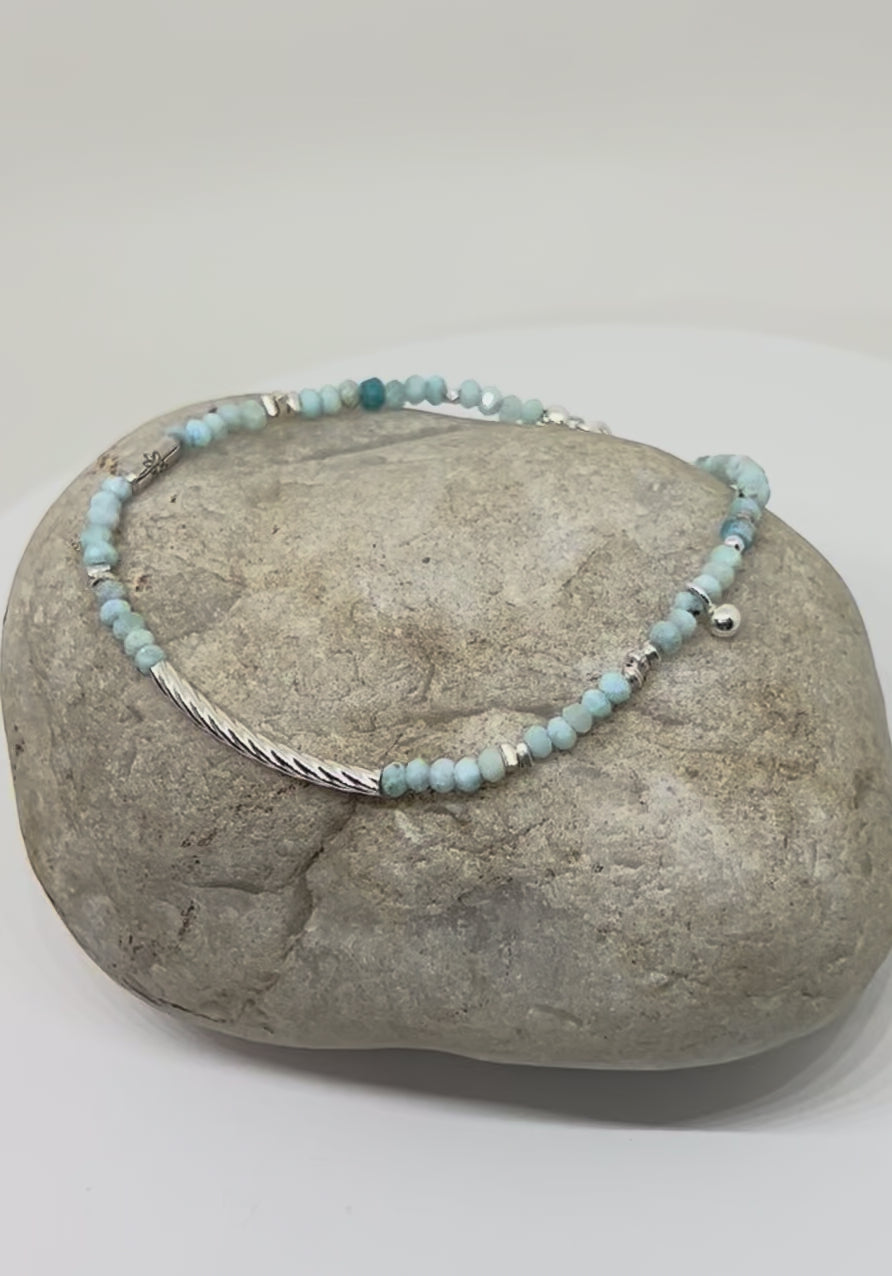 Handmade Light Blue Larimar Bracelet, Sterling Silver Bracelet, Blue Gemstone Bracelet, Beaded Bracelet
